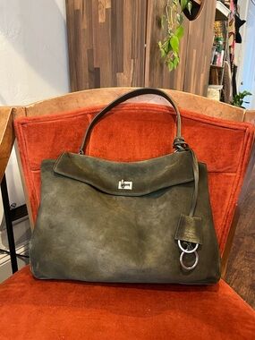 Balenciaga Rodeo Medium Suede Khaki Shoulder Bag with Silver Hardware